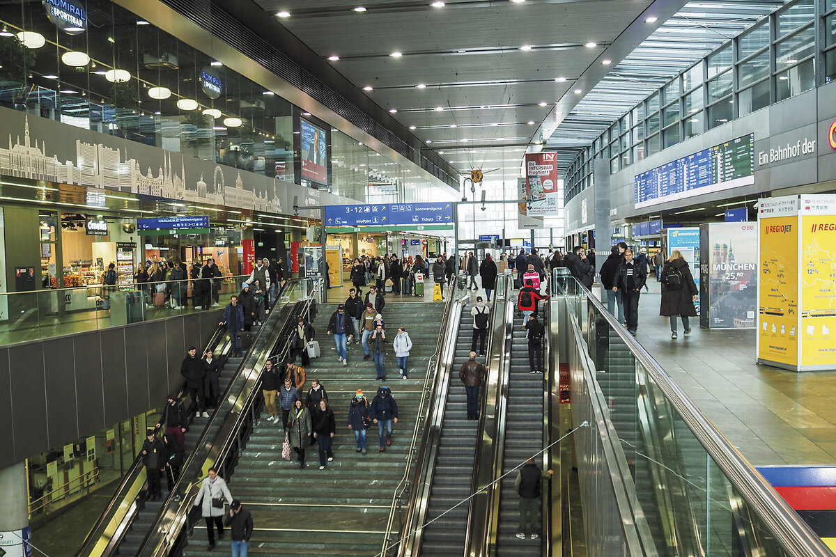 Pedestrians use escalators, stairs, and walkways at Vienna’s Central Station, which is highly rated for consumer convenience.